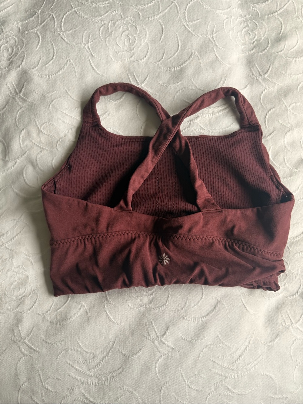Athleta Longline Ribbed Sports Bra Small Maroon Burgundy Ruched Cross Back
